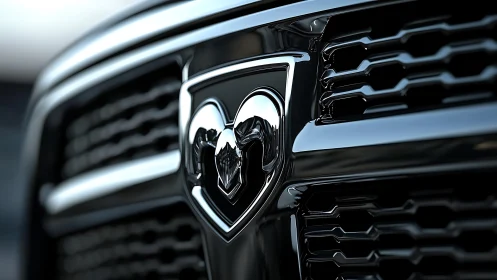 Chromed automotive grille emblem under shallow depth-of-field focus.