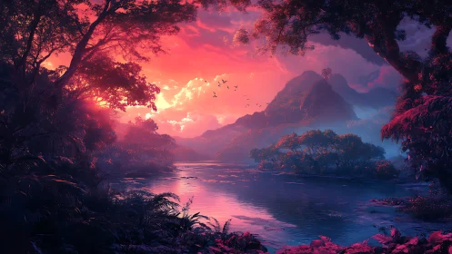 Neon twilight jungle river under glowing magenta sky.
