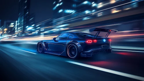 Night city racer accelerates through neon-lit urban corridor