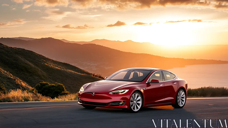 Red electric sedan is parked on a coastal road at sunset
