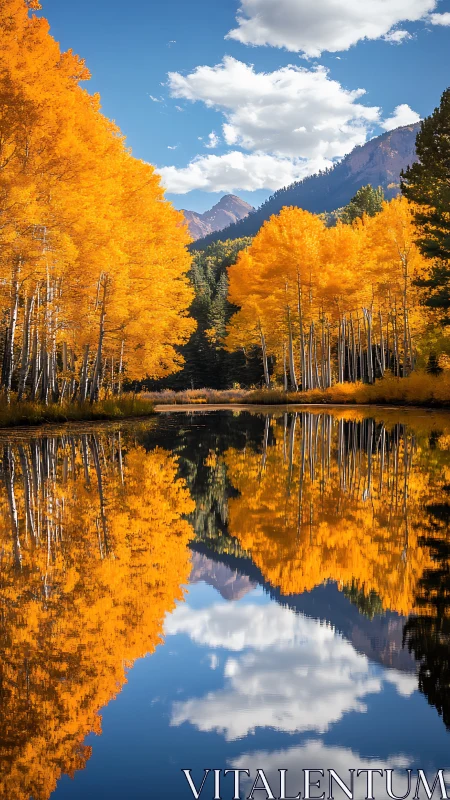 Mirror-bright lake doubles a corridor of blazing autumn gold
