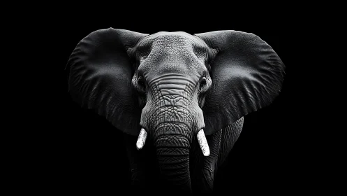 Monochrome elephant portrait with dramatic frontal lighting.