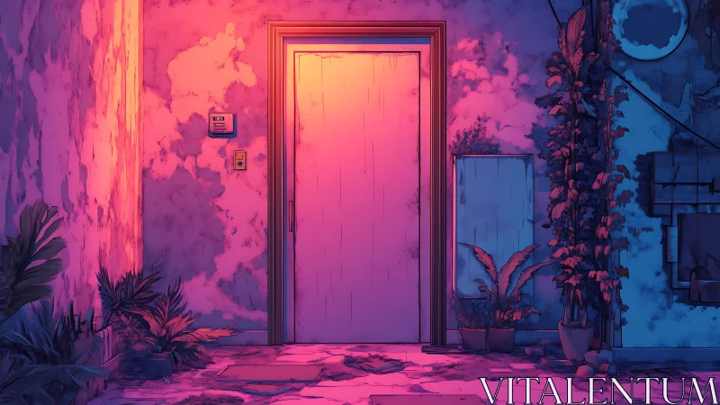 Neon threshold of plants and peeling midnight plaster.