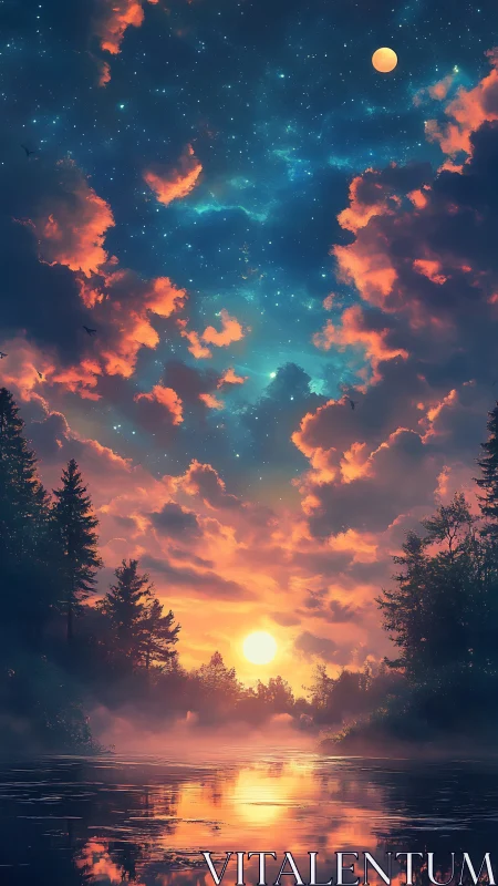 Dual-light sky over reflective river and forest horizon.