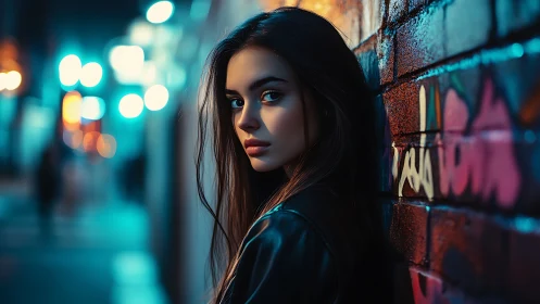 Cinematic neon alley portrait with shallow depth of field.