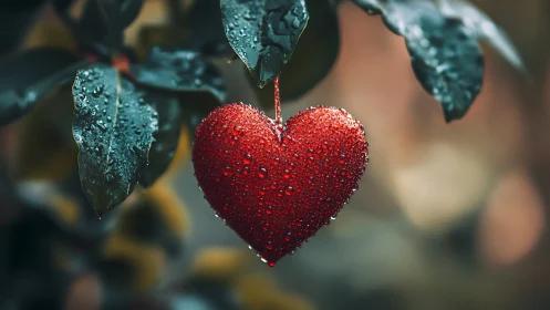 A Rain-Kissed Heart Hanging Among Green Leaves.