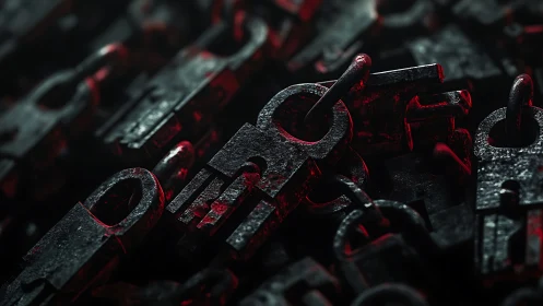 Rust-bitten padlocks lean into red shadows and whisper secrets