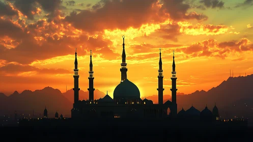 Mosque silhouette glows against intense orange sunset sky.