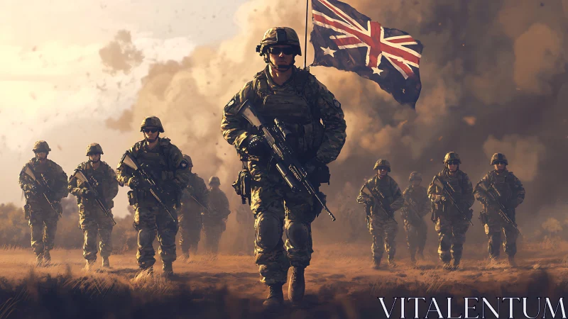 Australian soldiers advance across dusty battlefield scene.