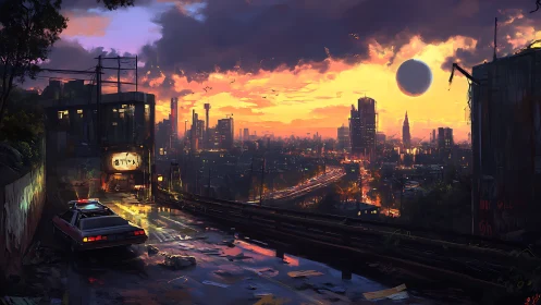 Neon-soaked dystopian overpass at sunset with orbiting sphere.