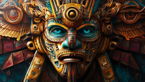 Aztec cybernetic deity mask with teal inlays and gold filigree