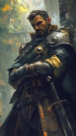 Battle-scarred knight stands in gilded weathered armor.