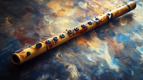 Wooden flute on impasto canvas under directional studio lighting