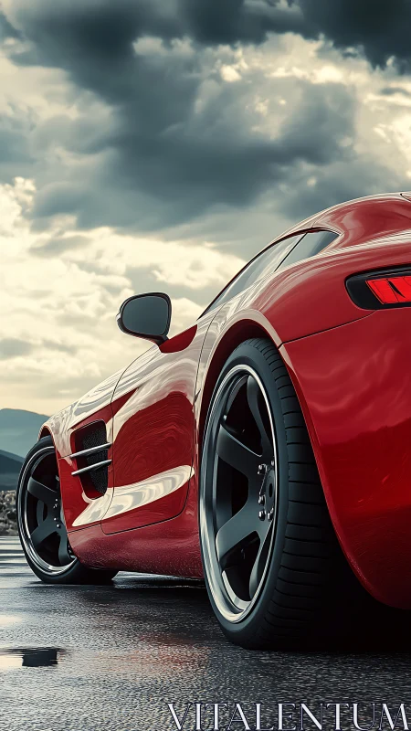 Red sports car stands on wet road under dramatic clouds