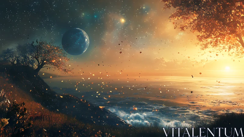 Coastal landscape with planet, sunset, and drifting foliage.