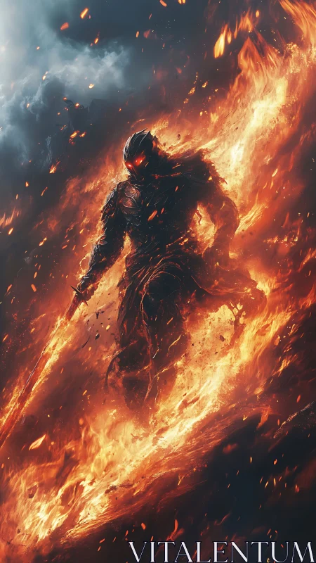 Armored fire warrior strides through flames with sword.