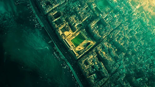 Tilted aerial view shows dense coastal city grid and stadium