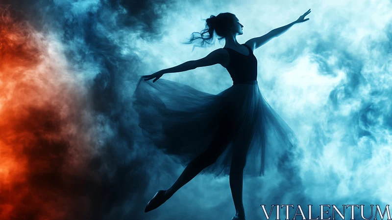 Silhouette ballerina dancing between red and blue smoke.