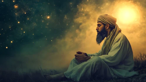 Mystic sage contemplates under radiant stars and golden sun