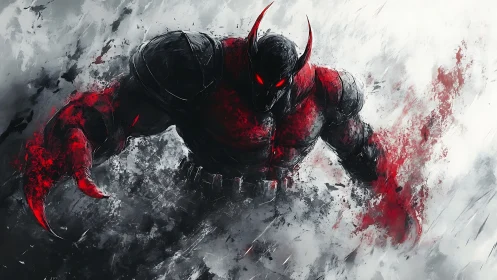 Demonic armored warrior erupts from smoky crimson chaos