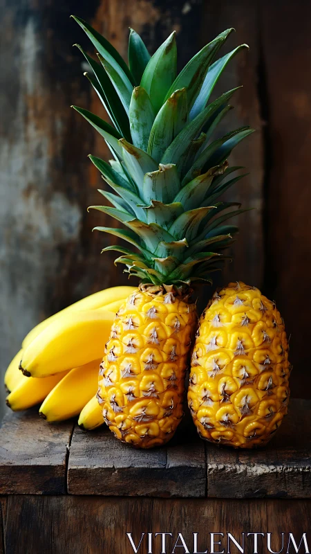 Ripe pineapples and bananas arranged on rustic wooden surface