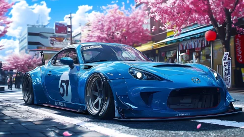 Blue Mazda race car under cherry blossoms in neon spring street.