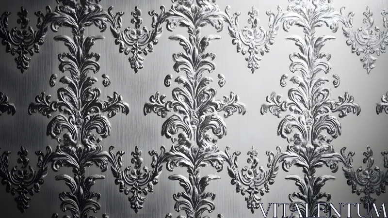 Elegant silver damask wallpaper with baroque floral pattern.