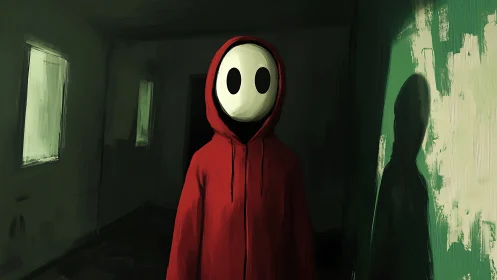 Hooded figure with blank mask in a moody painted hallway.