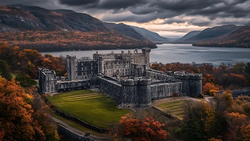 Stone fortress complex stands above river amid autumn hills