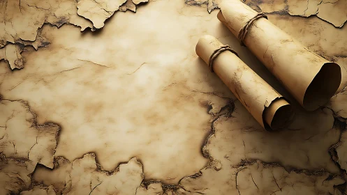 Aged parchment background with rolled scrolls, digital painting.