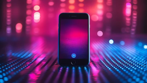 Neon-soaked smartphone stands like a nightclub skyline gate