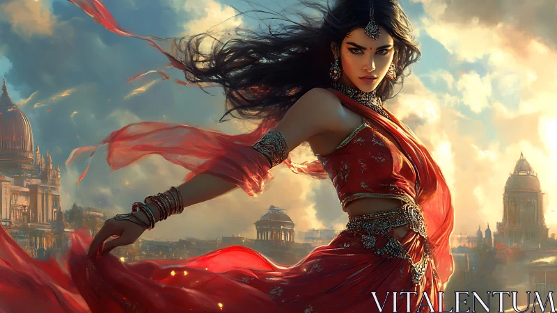 Warrior dancer in red sari dominates sunlit fantasy skyline
