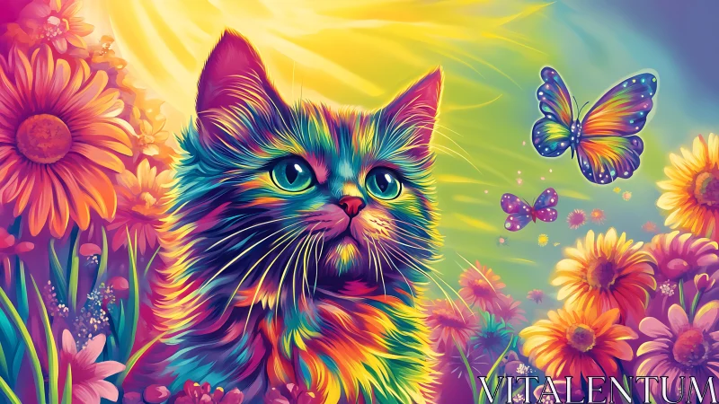 Multicolored Cat Surrounded by Blooming Flowers and Butterflies