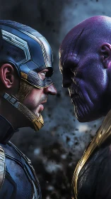 Cinematic close-quarters duel between armored hero and titan