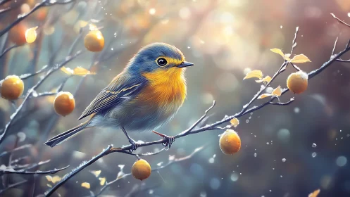 Vibrant Blue and Yellow Songbird on Frosty Branch, Soft Artistic Style.