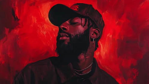 Portrait of pensive man in cap against vivid red backdrop