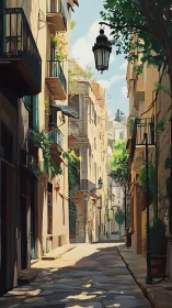 Sunlit Mediterranean alleyway glows with quiet morning calm