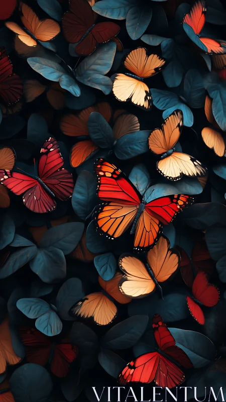 Monarch butterflies over teal foliage in luminous contrast.