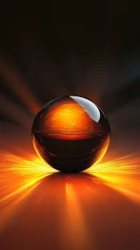 Glowing orange energy sphere over reflective dark surface.