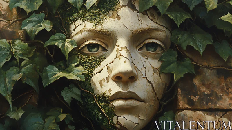 Cracked stone visage entwined with ivy in hyperreal detail.