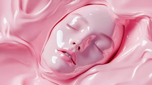 Dreamlike face drifting in glossy waves of soft pink calm.