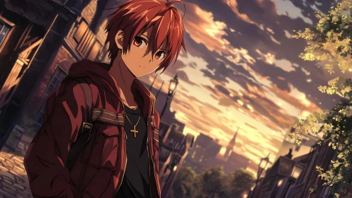 Red haired anime boy walks alone through a sunset street
