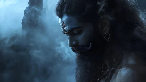 Moon-dusted ascetic bows inward beneath stormy cerulean mist