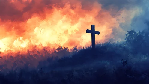 Silhouette cross on hill against vivid orange blue sky.