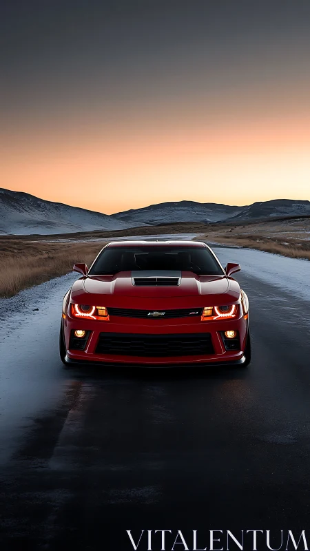 Red sports car powers through a frozen road at sunrise