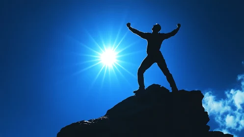 Silhouette climber triumphs on mountain peak against sun.
