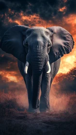 Majestic bull elephant strides under blazing sunset sky.