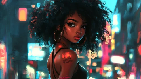 Neon city glow around a soulful girl with midnight curls.