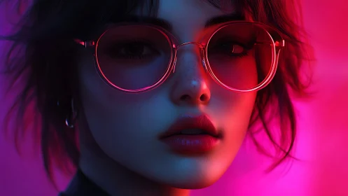 Neon-gradient portrait with reflective round eyewear rendering.
