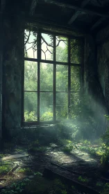 Overgrown sunlit ruin frames a tranquil forest view.